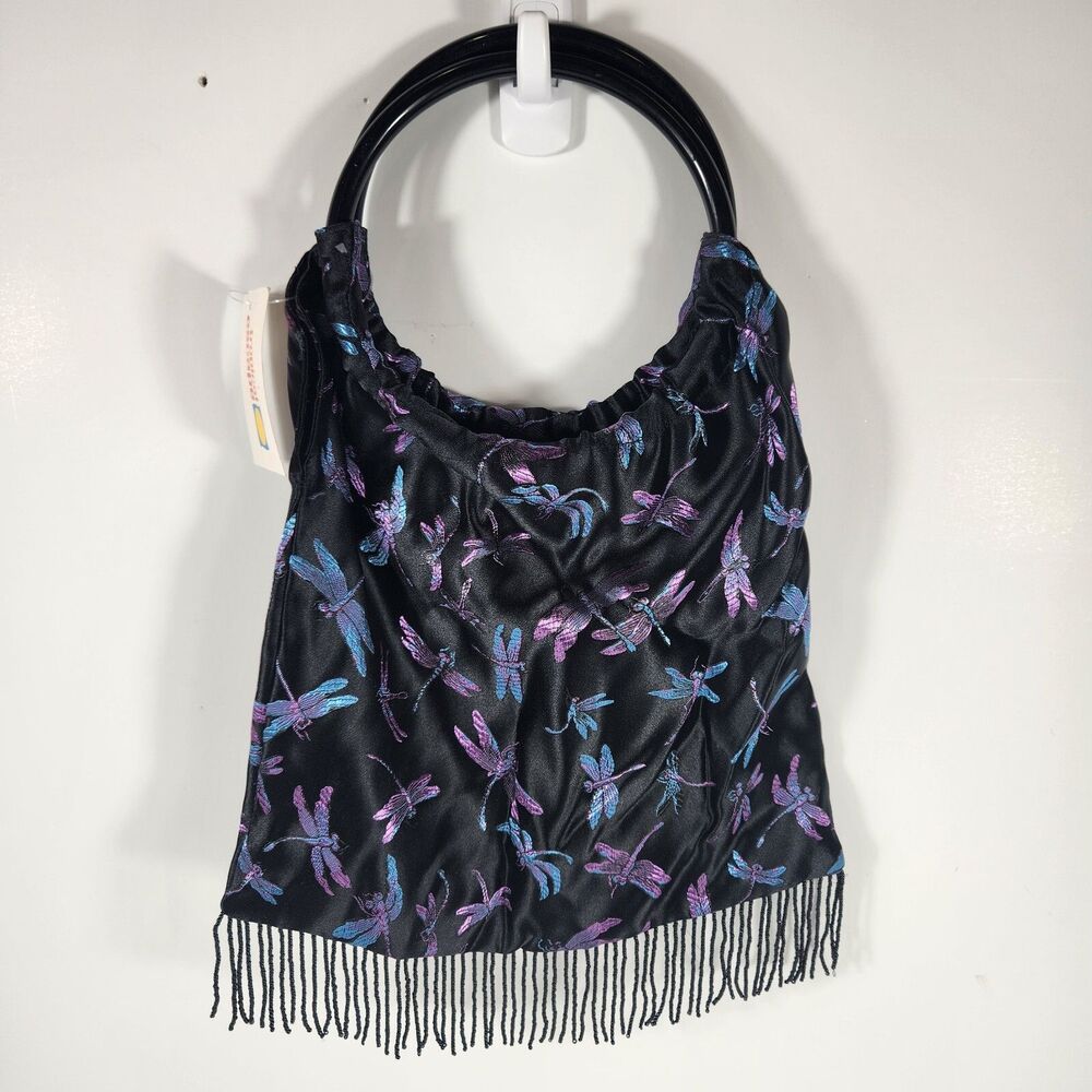 Vintage Dragonfly Sack Purse Sears Lana Bags Black Blue Purple Beaded NWT